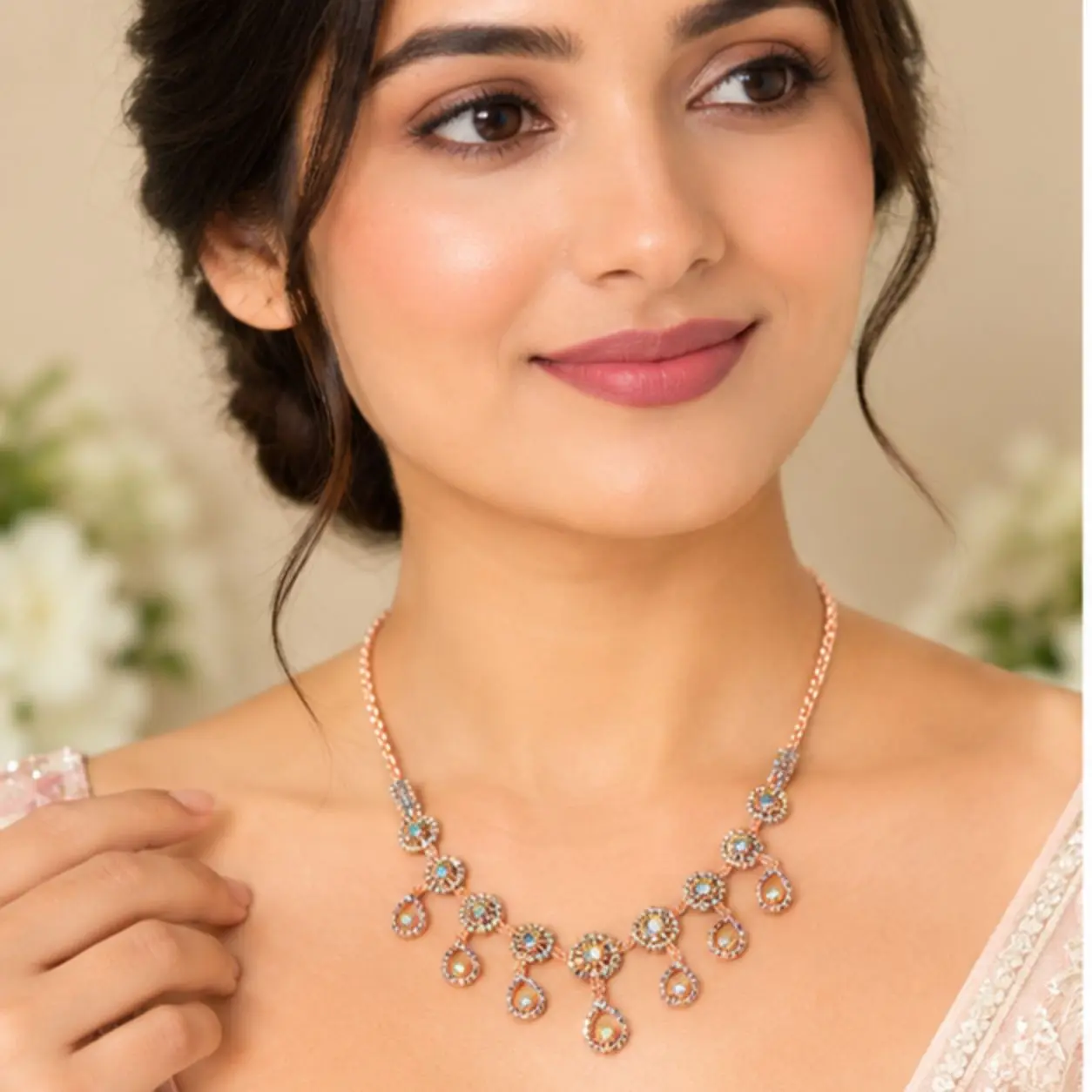 Rose Gold-Plated Rainbow Stone Collar Necklace for Women – Elegant Statement Jewellery
