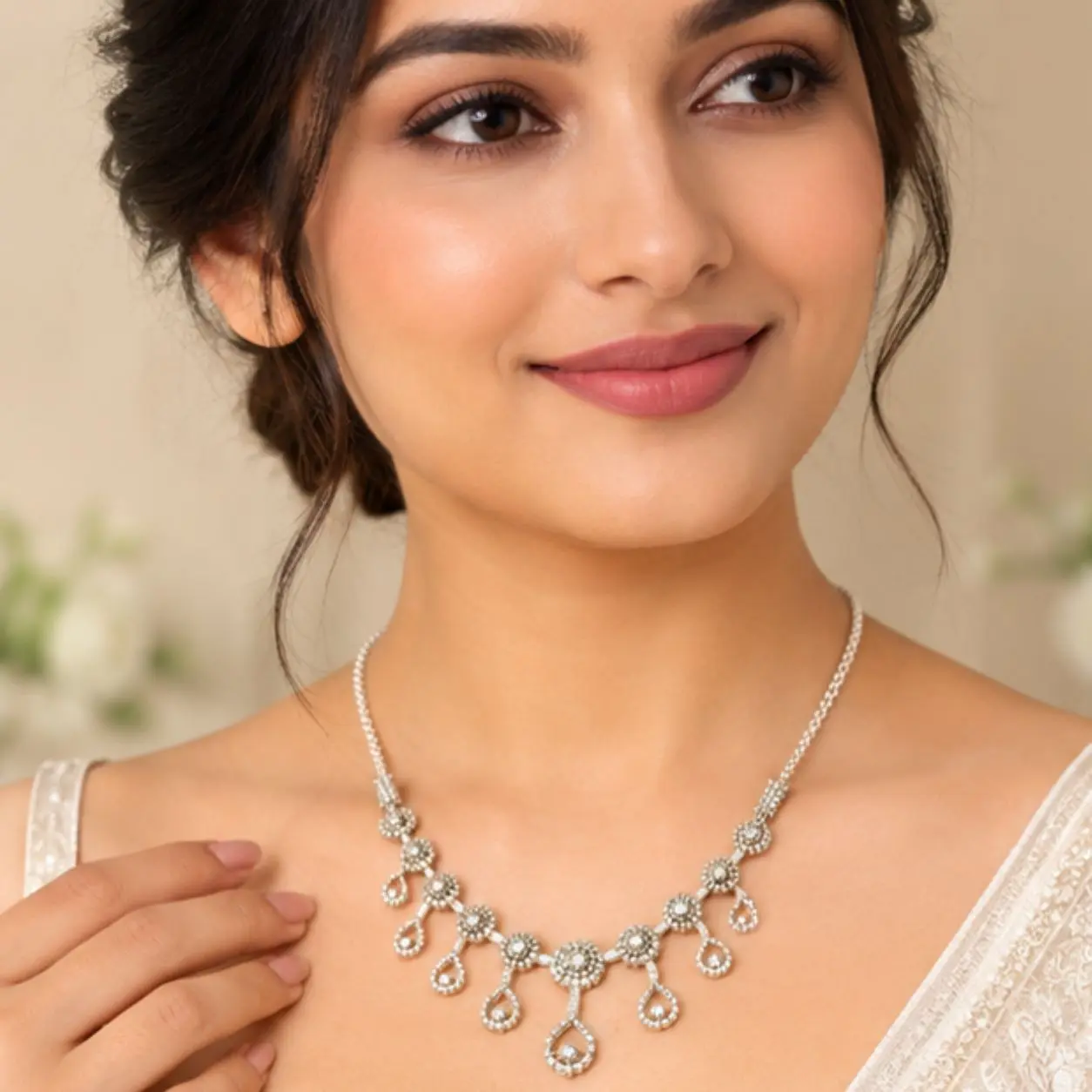 Floral Pendant Necklace with Delicate Tassel Drops for Women – Elegant Fashion Jewellery