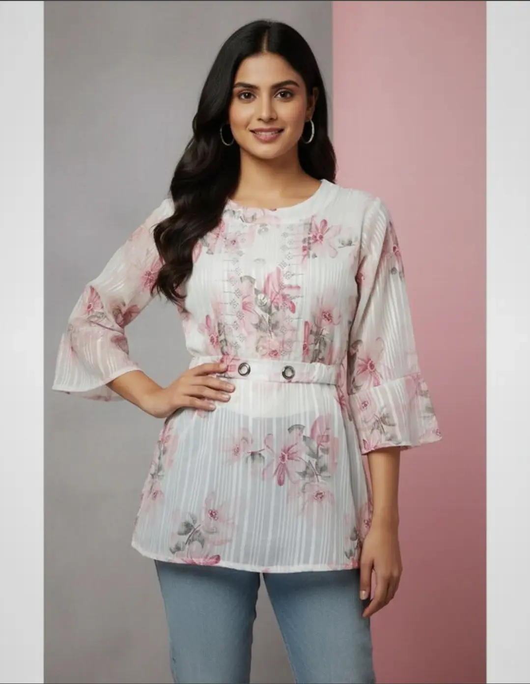 Off-White & Pink Floral Printed Women's Fashion Top – Stylish & Elegant Casual Wear