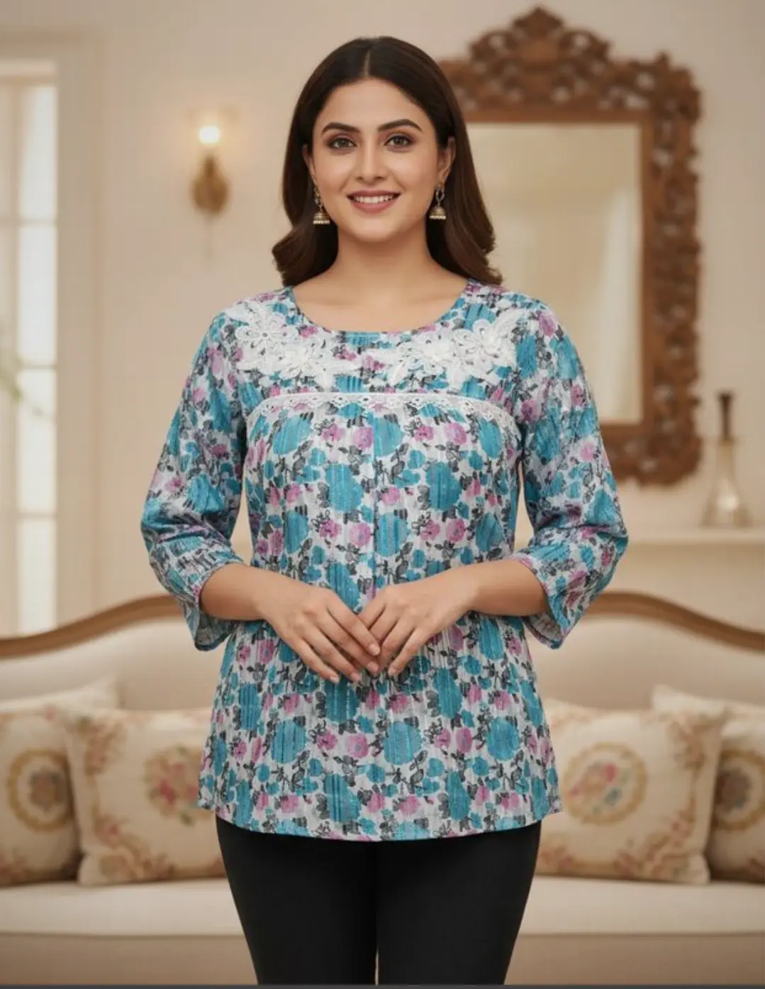 Blue Floral-Printed Top for Women
