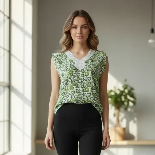 Green Floral Printed Sleeveless Top for Women with White Lace-Trimmed V-Neckline